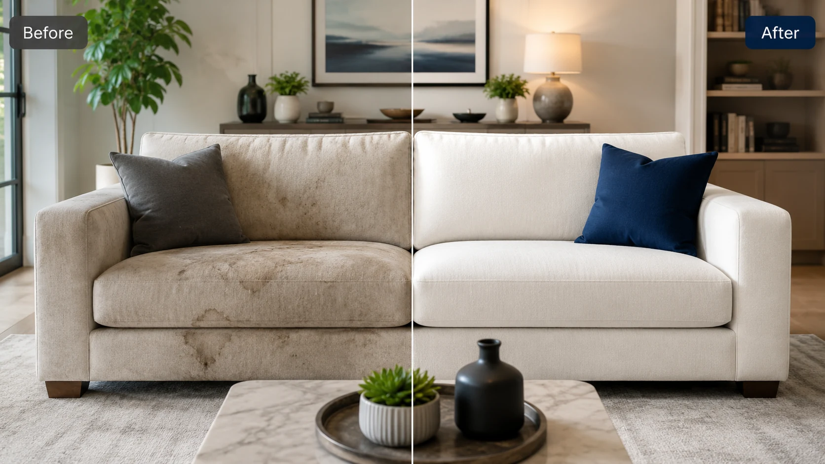 Sofa before and after professional upholstery cleaning